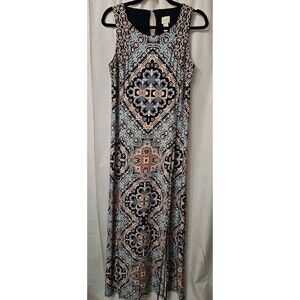 Chicos Fancy Feather Medallion Navy Kick Pleat Maxi Jersey Knit Dress Sz 1  8-10